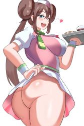Rule 34 | 1girl, ass, blush, breasts, brown hair, clothes lift, come hither, creatures (company), double bun, from behind, from below, game freak, green eyes, hair bun, hat, highres, huge ass, long hair, looking at viewer, looking down, medium breasts, naughty face, nintendo, no panties, official alternate costume, open mouth, pokemon, pokemon masters ex, rosa (pokemon), rosa (special costume) (pokemon), shiny skin, sideboob, skirt, skirt lift, smile, solo, thick thighs, thighs, twintails, very long hair, ytrall