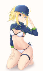 Rule 34 | 1girl, absurdres, ahoge, arm up, artoria pendragon (fate), bare legs, barefoot, baseball cap, bikini, black ribbon, blonde hair, blue eyes, blue hat, blush, breasts, breasts apart, closed mouth, commentary, fate/grand order, fate (series), full body, hand on own thigh, hat, head tilt, high collar, highres, hosh, kneeling, long hair, long sleeves, looking at viewer, medium breasts, mysterious heroine x (fate), mysterious heroine xx (fate), navel, ribbon, salute, shrug (clothing), side-tie bikini bottom, sidelocks, simple background, smile, solo, swimsuit, symbol-only commentary, thigh strap, thighhighs, white background, white bikini