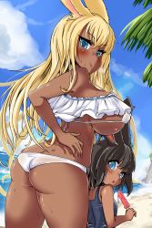 Rule 34 | 2girls, :o, age difference, asanagi (style), ass, bare arms, bare shoulders, bikini, black hair, blonde hair, blue eyes, blue one-piece swimsuit, blue sky, blush, breasts, butt crack, closed mouth, cloud, cloudy sky, cowboy shot, dark-skinned female, dark skin, day, final fantasy, final fantasy xiv, fingernails, hand on own hip, highres, holding food, holding ice cream, ice cream, large breasts, long fingernails, long hair, looking at viewer, looking back, micro bikini, multiple girls, one-piece swimsuit, outdoors, rabbit girl, sirachi, skindentation, sky, smile, sweat, swimsuit, thighs, very long hair, viera, warrior of light (ff14), white bikini, white one-piece swimsuit