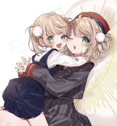 Rule 34 | 2girls, absurdres, beret, blue dress, blush, cheek-to-cheek, dress, dual persona, green eyes, grey skirt, hair ornament, hair rings, hat, heads together, highres, hug, indie virtual youtuber, jacket, light brown hair, looking at viewer, lying, lying on person, multiple girls, on back, one eye closed, open mouth, pinstripe jacket, pinstripe pattern, pom pom (clothes), pom pom hair ornament, red sailor collar, sailor collar, sake (utopia modoki), shigure ui (vtuber), shigure ui (vtuber) (1st costume), shigure ui (vtuber) (young), shirt, short hair, skirt, smile, striped clothes, striped jacket, striped skirt, time paradox, vertical-striped clothes, vertical-striped jacket, vertical-striped skirt, virtual youtuber, white shirt