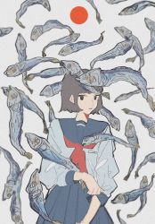 Rule 34 | 1girl, bad id, bad twitter id, black eyes, blue sailor collar, blue skirt, blurry, brown hair, cowboy shot, fish, grey background, highres, long sleeves, looking at viewer, nama niku, neckerchief, original, parted lips, pleated skirt, red circle, red neckerchief, sailor collar, shirt, short hair, simple background, skirt, solo, white shirt