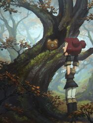 Rule 34 | 1girl, absurdres, animal, boots, disembodied head, dullahan, enne (porforever), fantasy, fingerless gloves, forest, gloves, highres, holding own head, nature, original, porforever, red eyes, red hair, short twintails, sleeveless, tree, twintails