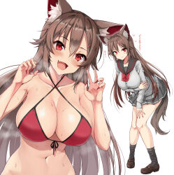 Rule 34 | 1girl, :d, absurdres, alternate costume, amagi (amagi626), animal ear fluff, animal ears, arm under breasts, bare shoulders, bikini, bow, bowtie, breasts, brown footwear, brown hair, cardigan, cleavage, collarbone, commentary request, criss-cross halter, fang, fingernails, front-tie bikini top, front-tie top, grey skirt, halterneck, highres, imaizumi kagerou, large breasts, leaning forward, long fingernails, long hair, long sleeves, looking at viewer, miniskirt, multiple views, nail polish, navel, open mouth, pleated skirt, red bikini, red bow, red bowtie, red eyes, red nails, school uniform, serafuku, sharp fingernails, shoes, simple background, skin fang, skirt, smile, socks, standing, sweat, swimsuit, tail, touhou, translated, variant set, very long hair, white background, wolf ears, wolf tail
