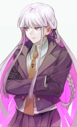 Rule 34 | 1girl, alternate breast size, bad id, bad twitter id, black gloves, black jacket, black ribbon, black skirt, braid, brown necktie, collared shirt, colored inner hair, commentary request, crossed arms, danganronpa: trigger happy havoc, danganronpa (series), gloves, grey shirt, hair ribbon, highres, jacket, kirigiri kyoko, long hair, looking at viewer, looking to the side, multicolored hair, necktie, pleated skirt, purple eyes, purple hair, purple skirt, ribbon, shirt, single braid, skirt, solo, tanu0706, white background