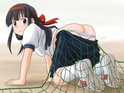 Rule 34 | 1girl, all fours, ass, black eyes, black hair, blue shorts, blush, cargo net, closed mouth, clothes pull, commentary request, commission, from behind, frown, gym shirt, gym shorts, gym uniform, headband, hime cut, lielos, long hair, looking at viewer, looking back, on ground, original, panties, panty pull, partial commentary, pixiv commission, pulled by self, red headband, sakamoto miko, shirt, shoes, short ponytail, short sleeves, shorts, shorts pull, single vertical stripe, sneakers, socks, solo, underwear, wardrobe malfunction, white footwear, white panties, white socks