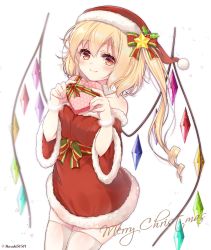 Rule 34 | 1girl, blonde hair, bow, box, christmas, commentary request, cowboy shot, flandre scarlet, fur bracelet, fur trim, gift, gift box, haruki (colorful macaron), hat, heart-shaped box, highres, merry christmas, one side up, red eyes, santa costume, santa hat, sash, smile, solo, thighhighs, touhou, twitter username, white background, white thighhighs, wings