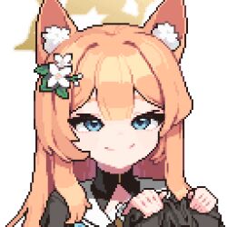 Rule 34 | 1girl, animal ear fluff, animal ears, animated, animated gif, apieceofpixel, blue archive, blue eyes, blush, closed eyes, coif, disembodied limb, flower, hair flower, hair ornament, halo, headpat, holding, long hair, long sleeves, mari (blue archive), orange hair, pixel art, simple background, smile, solo focus, white background, yellow halo