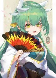 Rule 34 | 1girl, absurdres, blush, breasts, dragon girl, dragon horns, fate/grand order, fate (series), folding fan, green hair, hair ornament, hand fan, highres, holding, holding fan, horns, japanese clothes, kimono, kiyohime (fate), long hair, looking at viewer, multiple horns, open mouth, same (sendai623), sash, yellow eyes