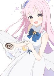 Rule 34 | 1girl, angel wings, blue archive, blue bow, blue ribbon, bow, breasts, cake, crescent, dress, feathered wings, flower, food, fork, hair bun, hair flower, hair ornament, highres, holding, holding fork, holding plate, light blush, long hair, medium breasts, mika (blue archive), open mouth, pink hair, plate, ribbon, simple background, single hair bun, sleeveless, sleeveless dress, smile, solo, swiss roll, white background, white dress, white wings, wings, yellow eyes, zundamochi (pixiv13535730)