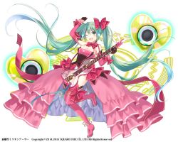 Rule 34 | 1girl, aqua eyes, aqua hair, bare shoulders, breasts, brown gloves, cleavage, detached sleeves, dress, electric guitar, fukahire (ruinon), gloves, guitar, hatsune miku, instrument, kai-ri-sei million arthur, long hair, long sleeves, looking at viewer, million arthur (series), official art, one eye closed, open mouth, original, pink dress, pink thighhighs, sash, small breasts, smile, solo, speaker, standing, standing on one leg, thighhighs, utahime arthur, very long hair, vocaloid, white background