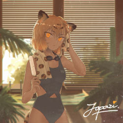 Rule 34 | 0x3, 10s, 1girl, alternate costume, animal ears, backlighting, bare shoulders, blonde hair, clothing cutout, dripping, fern, food, goggles, jaguar (kemono friends), jaguar ears, jaguar print, jaguar tail, kemono friends, multicolored hair, one-piece swimsuit, popsicle, short hair, side cutout, signature, solo, standing, swimsuit, tail, towel, wet