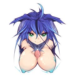 Rule 34 | &gt;:), 1girl, ahoge, blue electricity, blue hair, blue nipples, breasts, colored nipples, commentary, electricity, energy, fur, green eyes, hair between eyes, heart, heart-shaped pupils, highres, large breasts, looking at viewer, monster girl encyclopedia, nanostar, nipples, paizuri, penis, raiju (monster girl encyclopedia), simple background, smile, solo focus, symbol-shaped pupils, uncensored, upper body, v-shaped eyebrows, white background