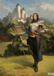 Rule 34 | 1girl, absurdres, armor, black hair, breastplate, building, castle, day, fantasy, female focus, female knight, full body, gauntlets, gloves, grass, hand on own hip, highres, knight, o-ring, original, outdoors, pants, parted lips, pauldrons, shoulder armor, solo, sonech, standing, sword, tower, weapon