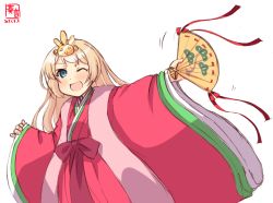Rule 34 | 1girl, alternate costume, artist logo, blonde hair, blue eyes, commentary request, cowboy shot, dated, folding fan, hand fan, hina ningyou, hinamatsuri, japanese clothes, jervis (kancolle), kanon (kurogane knights), kantai collection, kimono, layered clothes, layered kimono, looking at viewer, one-hour drawing challenge, open mouth, saishi, simple background, smile, solo, white background