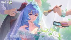 3girls alternate_costume applying_makeup bare_shoulders blue_hair bouquet bridal_veil closed_mouth commentary_request copyright_logo diamond_(gemstone) dress dress_flower earrings flower ganyu_(genshin_impact) genshin_impact goat_horns hair_between_eyes hair_down highres holding holding_bouquet holding_makeup_brush horns jewelry long_hair looking_at_viewer makeup_brush makeup_palette multiple_girls off-shoulder_dress off_shoulder on_chair portrait purple_eyes shaw_shaw sitting smile solo_focus tiara veil wedding_dress white_flower