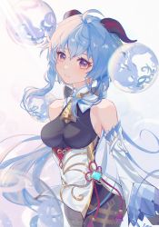 Rule 34 | absurdres, ahoge, artist name, bare shoulders, bell, black legwear, blue hair, blush, breasts, chinese knot, detached sleeves, flower knot, ganyu (genshin impact), genshin impact, gold trim, highres, horns, long hair, looking at viewer, medium breasts, neck bell, orb, purple eyes, qilin (mythology), red rope, rope, sidelocks, smile, solo, standing, tassel, thighlet, very long hair, vision (genshin impact), white sleeves, yutou (yutou75)