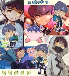Rule 34 | 1boy, :o, absurdres, blue hair, bright pupils, character name, chibi, creatures (company), english text, full body, game freak, grey hoodie, grin, hand on own hip, highres, hood, hood up, hoodie, hop (pokemon), jumping, kirby, kirby (series), male focus, mask, moti (m0cch1m0), mouth mask, multiple views, nintendo, pokemon, pokemon swsh, short hair, smile, tearing up, upper body, v-shaped eyebrows, wavy mouth, white pupils, yellow eyes