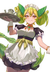 Rule 34 | 1girl, apron, breasts, choker, dragon girl, dragon horns, dragon tail, duel monster, green hair, green horns, green wings, hair between eyes, hand up, highres, holding, holding plate, horns, kiyama yamato, looking down, maid, maid apron, maid headdress, medium breasts, orange eyes, parlor dragonmaid, plate, puffy sleeves, solo, tail, teapot, twintails, wings, wrist cuffs, yu-gi-oh!