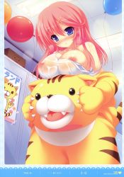 Rule 34 | 1girl, 2-g, absurdres, animal costume, animal print, balloon, blue eyes, blush, breast slip, breasts, camisole, cosplay, from below, hair ornament, hairclip, highres, indoors, kigurumi, large breasts, locker, locker room, long hair, looking down, nipples, no bra, one breast out, pink hair, see-through, solo, strap slip, sweat, tareme, tiger costume, tiger print, undressing, wet, wet clothes