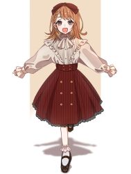 Rule 34 | 1girl, :d, ankle socks, black footwear, bobby socks, bow, braid, brown background, brown hair, buttons, center frills, dot nose, flat chest, footwear bow, frilled sleeves, frills, full body, grey eyes, hair ribbon, hanasato minori, happy, high-waist skirt, koyuto (koyutotyokoreto), light blush, long skirt, long sleeves, looking at viewer, mary janes, medium hair, neck ribbon, open mouth, project sekai, puffy long sleeves, puffy sleeves, red ribbon, red skirt, ribbon, shadow, shirt, shoes, simple background, skirt, smile, socks, solo, spread legs, square, standing, standing on one leg, striped clothes, striped skirt, swept bangs, two-tone background, vertical-striped clothes, vertical-striped skirt, white background, white ribbon, white shirt, white socks, wide-eyed
