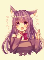 Rule 34 | 1girl, 2015, :d, animal ears, artist name, azu torako, blouse, blush, brown shirt, cat ears, cat girl, dated, detached collar, fang, hair between eyes, hands up, long hair, looking at viewer, off shoulder, open mouth, original, purple eyes, purple hair, shirt, signature, simple background, smile, solo, upper body, yellow background