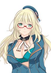 Rule 34 | 1girl, ascot, atago (kancolle), beret, bespectacled, blonde hair, blue bra, blue hat, bra, breasts, commentary request, glasses, green eyes, hat, highres, kantai collection, large breasts, long hair, looking at viewer, military, military uniform, nitamako (sakamalh), open clothes, red-framed eyewear, semi-rimless eyewear, simple background, smile, solo, under-rim eyewear, underwear, uniform, white ascot, white background