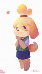 Rule 34 | 1girl, animal crossing, animal ears, artist name, barefoot, bell, black eyes, blonde hair, blue skirt, blush, blush stickers, closed mouth, dog ears, dog girl, dog tail, female focus, flat chest, full body, furry, furry female, green vest, hair bell, hair ornament, hair tie, hands up, happy, heart, highres, inuki (aruurara), isabelle (animal crossing), jingle bell, looking to the side, neck ribbon, nintendo, own hands together, pencil skirt, red ribbon, ribbon, shirt, short hair, short sleeves, signature, simple background, skirt, smile, solo, standing, tail, topknot, vest, white background, white shirt