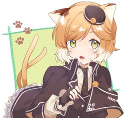 Rule 34 | 1girl, animal ear fluff, animal ears, arknights, black capelet, black gloves, black hat, black jacket, black necktie, black skirt, blush, brown eyes, brown hair, capelet, cat ears, cat girl, cat tail, collared shirt, commentary request, fang, fingerless gloves, frilled skirt, frills, gloves, green background, hat, highres, jacket, layered sleeves, long sleeves, looking at viewer, maguro kan, mini hat, mousse (arknights), multicolored hair, multiple tails, necktie, open mouth, paw print, paw print background, polka dot, polka dot background, puffy long sleeves, puffy sleeves, shirt, skirt, solo, tail, tie clip, two-tone hair, two tails, white background, white hair, white shirt