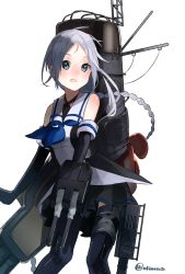 Rule 34 | 10s, 1girl, :d, bad id, bad nicoseiga id, black gloves, black skirt, black thighhighs, blue eyes, blue neckerchief, braid, cannon, collared shirt, elbow gloves, gloves, highres, kantai collection, long hair, looking at viewer, machinery, mole, mole under eye, neckerchief, open mouth, parted bangs, pleated skirt, shirt, silver hair, simple background, single braid, skirt, sleeveless, sleeveless shirt, smile, smokestack, solo, thighhighs, turret, ukimesato, umikaze (kancolle), white background