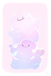 Rule 34 | black eyes, border, closed mouth, creatures (company), ditto, game freak, gen 1 pokemon, happy, highres, looking at viewer, nintendo, no humans, open mouth, pink background, pokemon, pokemon (creature), signature, smile, wafu pkmn, white border