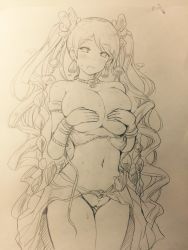 Rule 34 | 10s, 1girl, bad id, bad twitter id, bow, breast hold, breasts, de la fille, earrings, granblue fantasy, graphite (medium), hair bow, hair ribbon, highres, jewelry, large breasts, monochrome, naoyama masaru, necklace, ribbon, topless, traditional media, twintails