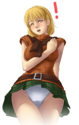 Rule 34 | !, 1girl, arm behind back, ashley graham, bare arms, belt, blonde hair, blush, breasts, buckle, capcom, cowboy shot, embarrassed, from below, green skirt, groin, hand on own chest, large breasts, looking at viewer, looking down, miniskirt, orange shirt, panties, pantyshot, plaid, plaid skirt, resident evil, resident evil 4, ribbed sweater, scarf, shirt, short-sleeved sweater, short hair, short sleeves, simple background, skirt, sleeveless, solo, standing, sweater, teeth, thighs, thor (deep rising), underwear, upskirt, white background, white panties, yellow eyes