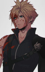 Rule 34 | 1boy, beckey9415, belt, belt buckle, black shirt, blonde hair, blood, blood on face, blue eyes, buckle, cloud strife, collarbone, commentary request, earrings, final fantasy, final fantasy vii, grey background, highres, jewelry, long sleeves, male focus, shirt, short hair, simple background, single bare shoulder, solo, upper body, white background