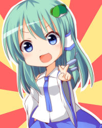 Rule 34 | &gt;:d, 1girl, :d, bare shoulders, blue eyes, blush, breasts, chibi, detached sleeves, frog hair ornament, green hair, hair ornament, kochiya sanae, long hair, looking at viewer, macedonian flag, necktie, nitizyo, open mouth, skirt, small breasts, smile, snake hair ornament, solo, sunburst, touhou, v, v-shaped eyebrows
