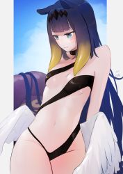 Rule 34 | 1girl, absurdres, black hair, blue eyes, blunt bangs, closed mouth, commentary, english commentary, feathered wings, gradient hair, groin, highres, hololive, hololive english, light blush, long hair, low wings, multicolored hair, navel, ninomae ina&#039;nis, orange hair, sidelocks, smile, solo, straight hair, swimsuit, tentacle hair, tentacles, uve, very long hair, virtual youtuber, white wings, wings
