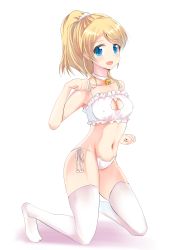 Rule 34 | 10s, 1girl, ayase eli, bell, blonde hair, blue eyes, breasts, cat lingerie, cleavage, cleavage cutout, clothing cutout, high ponytail, jingle bell, kneeling, love live!, love live! school idol project, meme attire, navel, nipples, panties, paw pose, r unionbox, scrunchie, side-tie panties, solo, thighhighs, underwear, white background