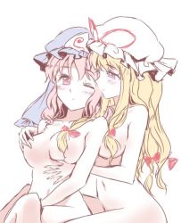 Rule 34 | 2girls, bad id, bad twitter id, behind another, blonde hair, blush, bow, breasts, female focus, from side, hair bow, half-closed eye, hand on breast, hand on lap, hat, hat ribbon, long hair, looking at another, looking at viewer, medium breasts, minust, mob cap, multiple girls, navel, nude, one eye closed, pink hair, ribbon, saigyouji yuyuko, simple background, sitting, sketch, thighs, touhou, triangular headpiece, uneven eyes, white background, yakumo yukari, yuri