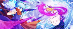 Rule 34 | &gt; &lt;, 2girls, adapted costume, aerial battle, american flag dress, american flag legwear, arm at side, bad id, bad pixiv id, battle, blonde hair, blue eyes, blue hair, blue skirt, blue vest, bow, cirno, closed eyes, clownpiece, day, energy, flying, frozen, hair between eyes, hair bow, hat, ice, jester cap, knee up, long hair, long sleeves, looking at another, multiple girls, o o, outstretched arms, pantyhose, puffy short sleeves, puffy sleeves, red scarf, scarf, shirt, short hair, short sleeves, skirt, skirt set, torch, touhou, unworn hat, unworn headwear, very long hair, vest, vest lift, white shirt, z.o.b