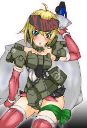 Rule 34 | 1girl, armor, bare shoulders, black skirt, blonde hair, blue eyes, blush, boots, cannon, christmas, elbow gloves, frame arms girl, gloves, gourai, grey panties, headgear, legs, looking at viewer, mecha musume, microskirt, nippy poo, panties, parted lips, pleated skirt, santa boots, santa costume, santa gloves, short hair, skirt, solo, striped clothes, striped panties, thighhighs, underwear, weapon, x-mas