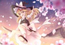 Rule 34 | 1girl, apron, blonde hair, bloomers, blurry, blurry foreground, bow, braid, broom, broom riding, cherry blossoms, dress, hair bow, hat, hat bow, highres, index finger raised, kirisame marisa, long hair, looking at viewer, marian oekaki, open mouth, shoe soles, short hair, side braid, sidesaddle, sky, smile, socks, solo, star (sky), starry sky, sunset, touhou, underwear, witch, witch hat, wrist cuffs, yellow eyes