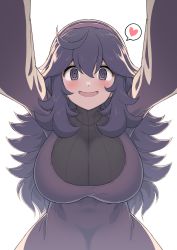 Rule 34 | 1girl, @ @, alternate breast size, arms up, black hair, blush, breasts, commentary request, creatures (company), dress, game freak, grey eyes, hair between eyes, hairband, heart, hex maniac (pokemon), highres, long hair, looking at viewer, nintendo, open mouth, perapera, pokemon, pokemon xy, purple hairband, simple background, smile, solo, spoken heart, tongue, turtleneck, white background