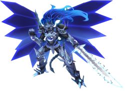 Rule 34 | 1boy, arkfield, armor, blue eyes, blue hair, crossover, divine dividing, energy sword, energy wings, full armor, full body, fusion, gauntlets, high school dxd, high school dxd hero, high school dxd new, highres, holding, holding sword, holding weapon, large wings, long hair, looking at viewer, no pupils, pauldrons, shoulder armor, sword, tail, transparent background, vali lucifer, very long hair, weapon