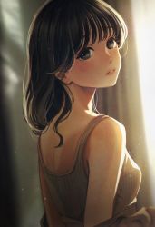Rule 34 | 1girl, back, backlighting, bare shoulders, black eyes, black hair, blurry, blurry background, blush, breasts, grey tank top, highres, light particles, lips, looking at viewer, looking back, medium breasts, medium hair, original, parted lips, tank top, tsujin bohboh, upper body