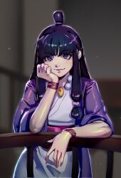 Rule 34 | 1girl, ace attorney, black hair, datcravat, hair ornament, half updo, hand on own cheek, hand on own face, head rest, highres, jacket, japanese clothes, jewelry, kimono, looking at viewer, magatama, magatama necklace, maya fey, necklace, purple jacket, white kimono
