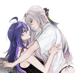 Rule 34 | 2girls, ahoge, black bow, black panties, black shirt, bow, bronya rand, closed mouth, commentary, earrings, english commentary, eye contact, from side, girl on top, glaciel, grey eyes, grey hair, hair bow, honkai: star rail, honkai (series), imminent kiss, jewelry, long hair, looking at another, multiple girls, panties, purple eyes, purple hair, seele (honkai: star rail), shirt, short sleeves, side-tie panties, signature, simple background, underwear, white background, white shirt, yuri