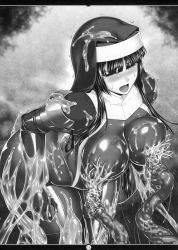 Rule 34 | 1girl, arm grab, blunt bangs, blush, bodysuit, breast sucking, breasts, captured, creature, gloves, habit, highres, humiliation, imminent rape, impossible clothes, kamori sayaka, large breasts, latex, latex gloves, long hair, monochrome, nun, open mouth, original, restrained, rindou (radical dream), shiny clothes, skin tight, slime, tears, tentacles, wet, wince