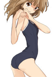 Rule 34 | 1girl, ass, brown eyes, brown hair, heart, heart hands, long hair, magomago, one-piece swimsuit, school swimsuit, smile, solo, swimsuit, white background
