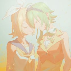 Rule 34 | 2girls, bare shoulders, belt, blonde hair, bow, closed eyes, collar, collarbone, collared shirt, commentary, forehead-to-forehead, goggles, goggles on head, green hair, grey collar, gumi, hair bow, heads together, highres, kagamine rin, light blush, multiple girls, neckerchief, open mouth, orange shirt, sailor collar, school uniform, shirt, short hair, sidelocks, sleeveless, sleeveless shirt, smile, standing, upper body, vocaloid, white bow, white shirt, wounds404, yellow neckerchief, yuri