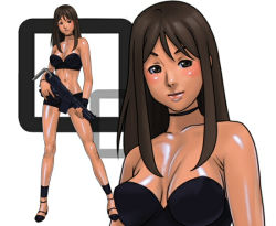 Rule 34 | 1girl, blush, breasts, brown hair, cleavage, gun, jukan a extra 5, long hair, midriff, weapon, yoshino momiji