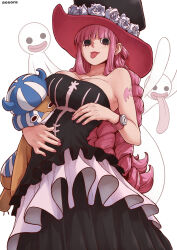 Rule 34 | 1girl, :p, aosora2823, arm tattoo, artist name, bare shoulders, black dress, black eyes, black hat, braid, breasts, cleavage, commentary, dress, ghost, hat, highres, kumacy, large breasts, long hair, looking at viewer, one piece, perona, pink hair, simple background, solo, stuffed toy, tattoo, tongue, tongue out, white background